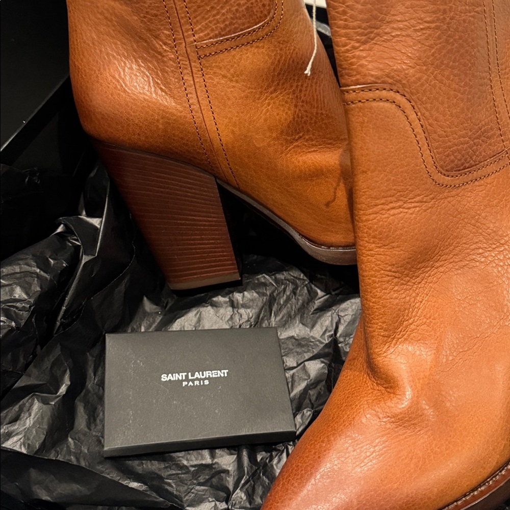 Saint Laurent THEO 95 COGNAC Zip LEATHER Bootie 38 YSL - Picture 2 of 10
